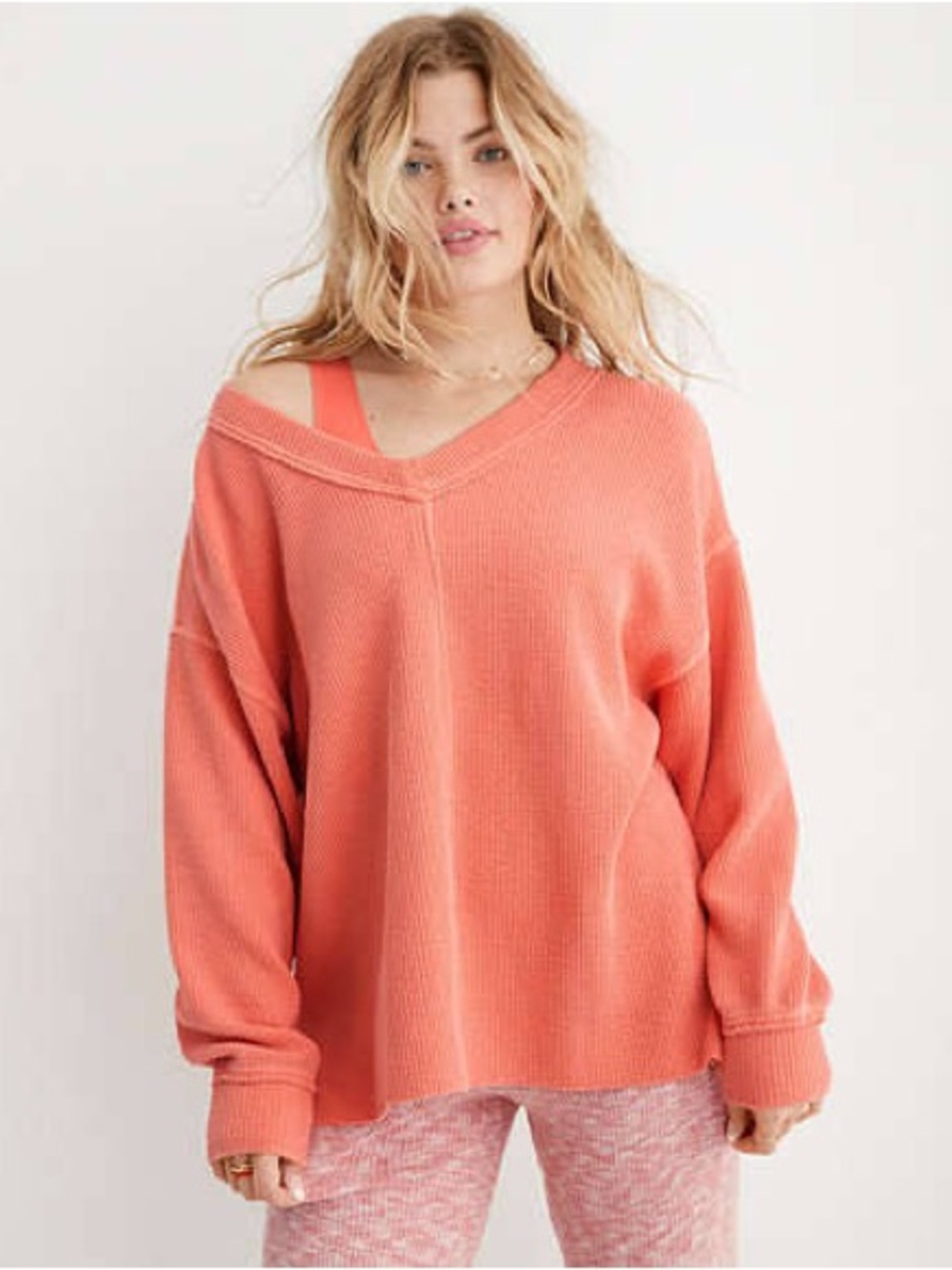 Aerie Coral Wonder Textured V-Neck Oversized Sweatshirt - size small